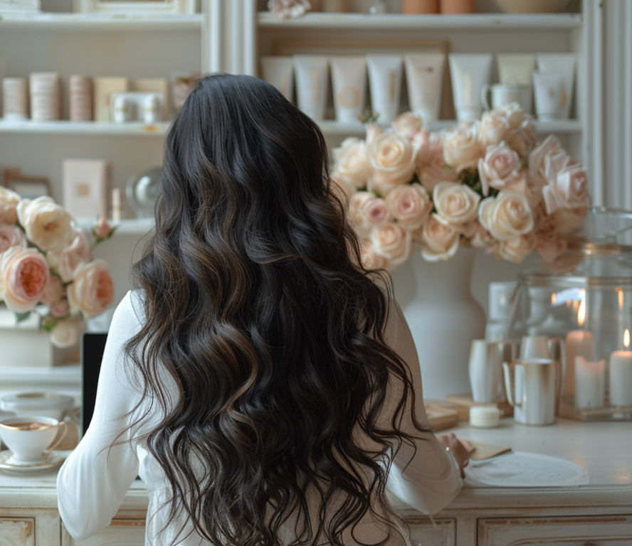 black woman with long natural hair working at a desk surrounded by beauty products from her hair empire